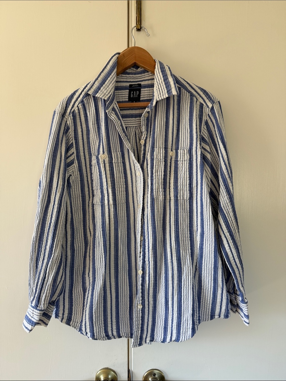 GAP, Big Shirt in Crinkle Gauze, Blue/White Stripe, M Tall